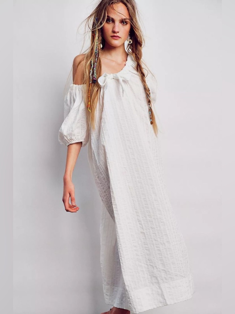 Free People Natural Elements dress White Off-Shoulder Maxi with Tie Neckline XS